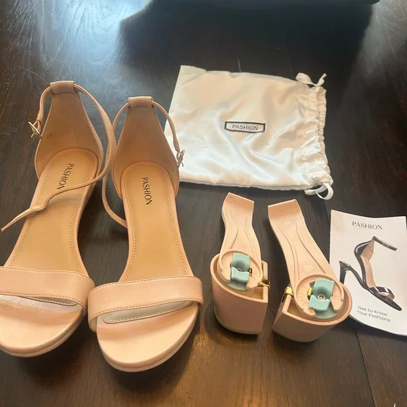 Nude Ankle Strap Block Heel Sandals - Picture 6 of 6